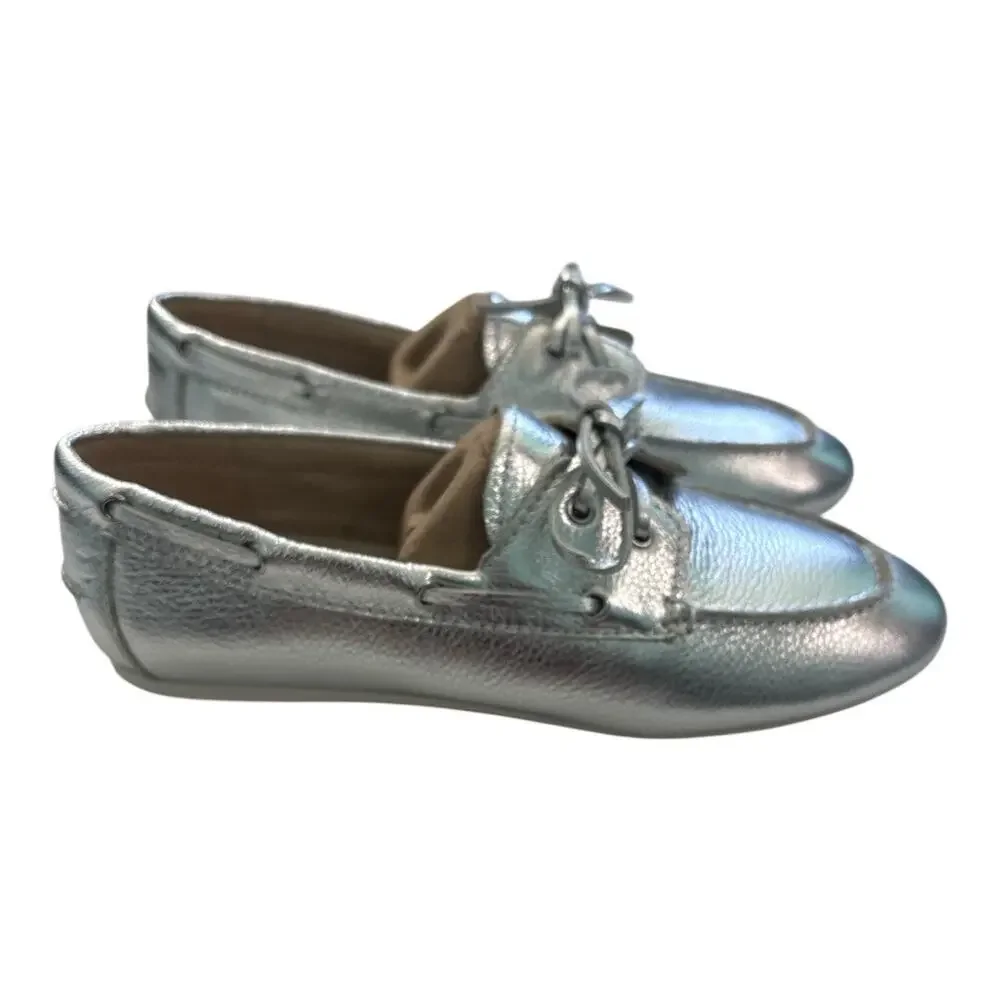 Nine West Women's Yacht Slip-On Boat Shoes Silver Leather Size 9 1/2 Loafers
